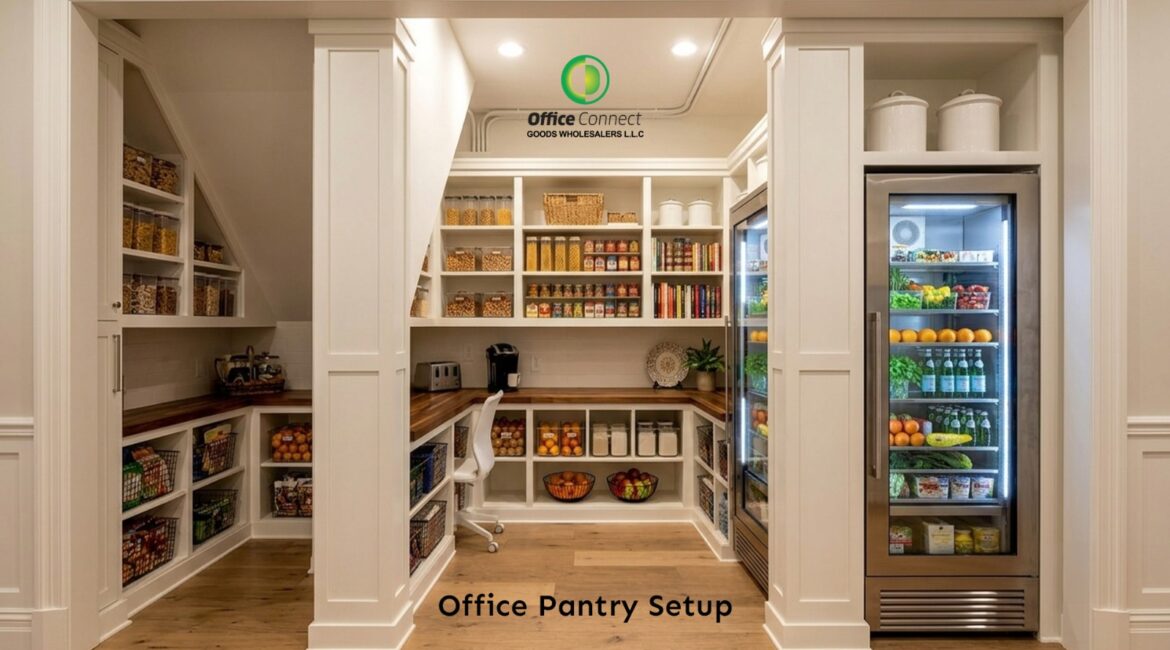 Office manager checking pantry stock levels and managing pantry supplies list for Dubai workplace
