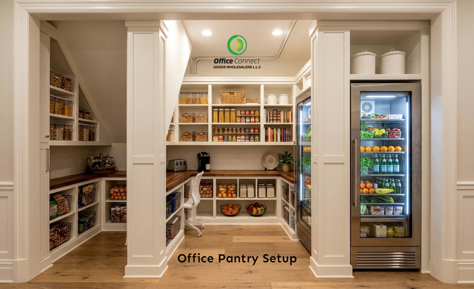 Office manager checking pantry stock levels and managing pantry supplies list for Dubai workplace