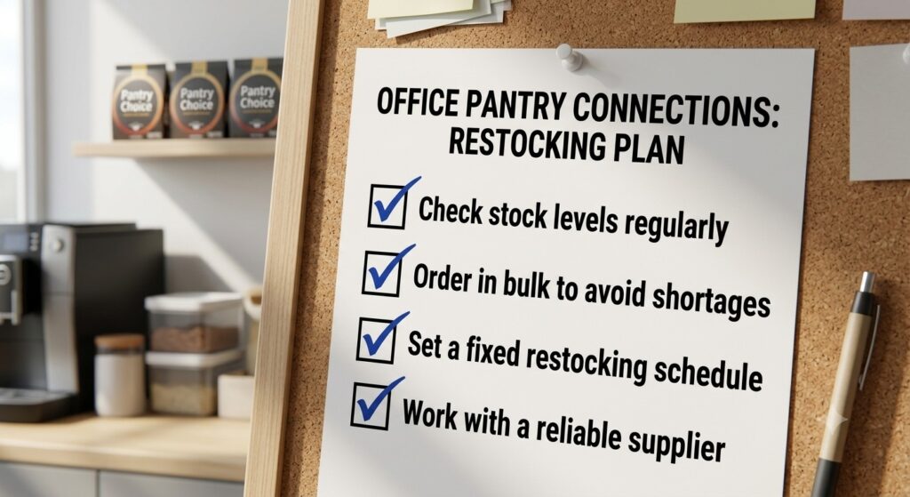 Organised office pantry storage in Dubai with labelled containers shelves fridge and stackable organisers
